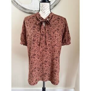 Faith and Joy Women’s Blouse Size M Brown Floral Print Tie Neck Short Sleeve Top